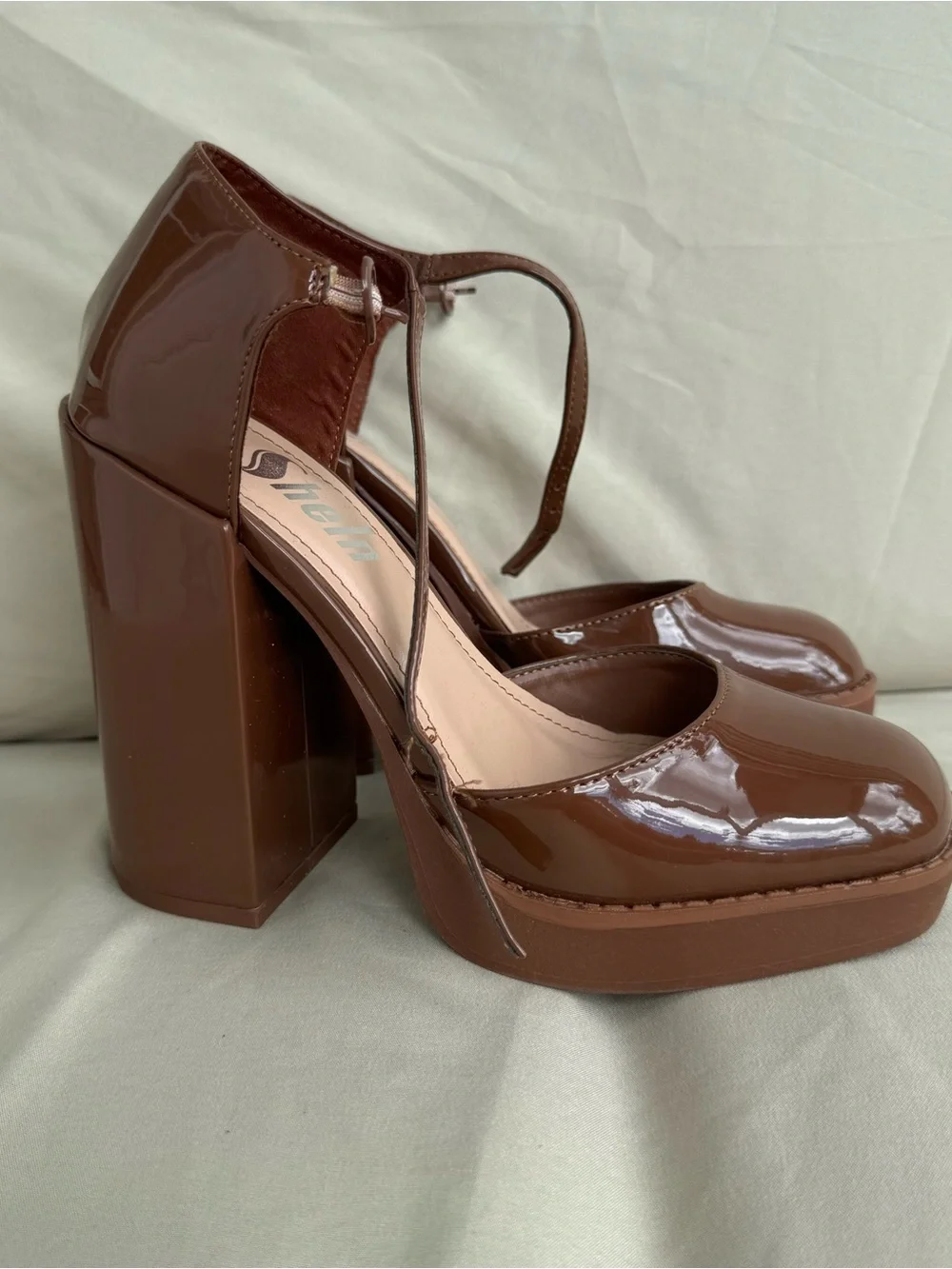 SheIn Women’s Brown Patent Platform Block Heel Pumps Ankle Strap Size 7.5